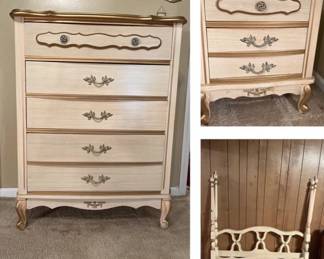Vintage Hollywood Regency Dresser, Nightstand & Headboard