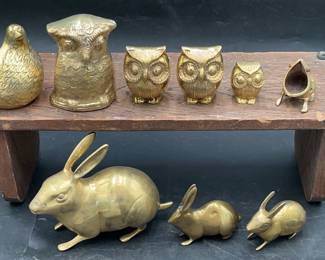Brass animal figurines: three rabbits, four owls, frog and Quail