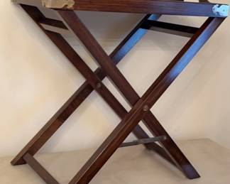 Victorian style walnut wood butler tray table ornate brass hardware.