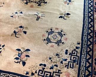 Vintage Chinese area rug with peach, blues & tan.
