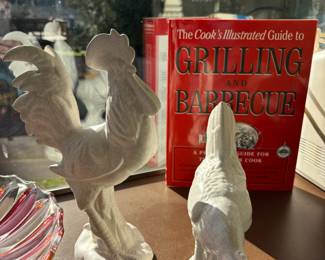 White Ceramic Rooster and Chicken Statues
