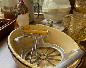 ED Langbein German Pottery Rooster Basket Bowl, Aluminum Apple Slicer, Aluminum Cheese Slicer