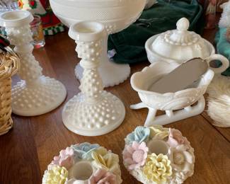 Pair of Hobnail Milk Glass Candle Stick Holders, Pair of Norcrest Floral Capodimonte Style Candle Stick Holders, Imperial Glass Ohio Milk Glass Compote with Lid