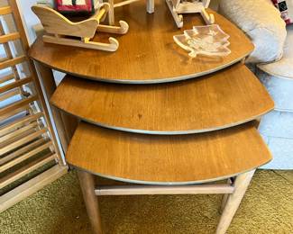 Morganton Mid Century Triangular Walnut 3 Piece Nesting Tables