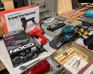 Central Pneumatic 16 Gauge Brad Finish Nailer WEN Electric Power Saw, NOCO Boost 12V Jump Starter, Makita Finish Sander