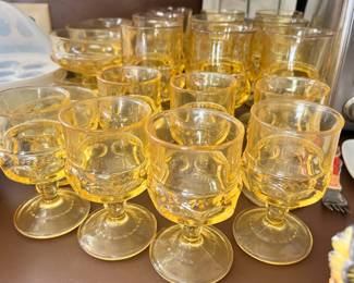 Yellow Thumbprint Wine Glass Goblet Set - 7 Short Stem Goblets, 9 Long Stem Goblets, Candy Dish, 4 Ice Cream Bowls