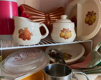 Pyrex  "Friendship" 1 1/2 QT Orange Casserole Dish, Treasure Craft Apple/Acorn Pattern Creamer, Sugar, Divided Serving Dish