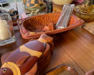 Mid Century Faux Wood Nut Bowl with Acorn Design, Wooden Clown Fish Jewelry Puzzle Box