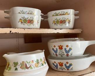 Set of 4 Corning Ware "Spice of Life" 2 3/4 Cup Baking Dishes, Corning Ware "Country Festival" Sauce Pans, Noritake Progression “Homecoming” Gravy Boat