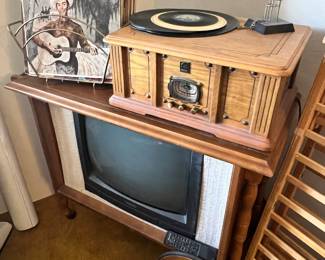 Thomas Pacconi Classics Record Player, Circa 1960's Tea Cart TV, Assortment of Vinyl Records