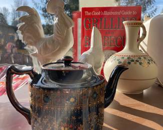 Gibson & Sons "Norvic" Teapot, White Ceramic Rooster and Chicken Statues, Copland Parian Jug with Red, Green & Gold Ivy Garland Pattern