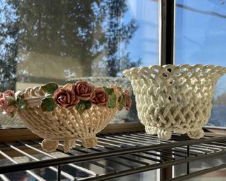 White Ceramic Rose Lined Bowl with Basket Weave Design, White Ceramic Open Weave Lattice Cachepot 