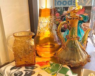 Pilgrim Textured Yellow Amber Small Pitcher, Gordiola Spanish Yellow Amber Glass Cruet, Amber Cut to Clear Crystal Vase