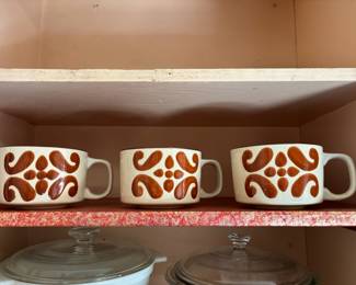 Set of 3 White Soup Mugs with Brown Floral Pattern