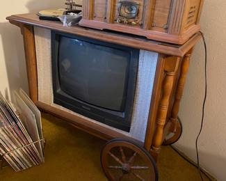 Thomas Pacconi Classics Record Player, Circa 1960's Tea Cart TV, Assortment of Vinyl Records
