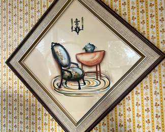 Framed Still Life of Living Room Watercolor by G. Inez