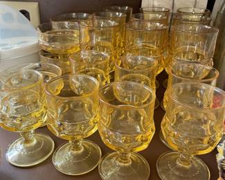 Yellow Thumbprint Wine Glass Goblet Set - 7 Short Stem Goblets, 9 Long Stem Goblets, Candy Dish, 4 Ice Cream Bowls