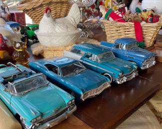 Danbury Mint 1958 Chevy Impala Convertible 1:24 Scale Die Cast Model, Franklin Mint 1956 Chevrolet Nomad 1:24 Scale Die Cast Model, Danbury Mint 1958 Chevy Apache 1:24 Scale Die Cast Model, Westmoreland Milk Glass White Hen on a Nest Dish