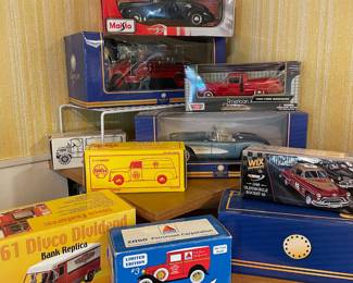 Maisto 1939 Ford Deluxe 1:18 Scale Die Cast Model, American Mint Ford 1938 Red Fire Truck 1:32 Scale Die Cast Model, Motor Max 1960 Ford Ranchero 1:24 Scale Die Cast Model, American Mint 1957 Chevrolet Corvette 1:18 Die Cast Model, ERTL 1935 Tanker Truck 1:32 Scale Die Cast Bank, ERTL 1938 Chevy Panel Truck 1:25 Scale Die Cast Coin Bank, Crown Premiums 1961 Divco Dividend 1:34 Scale Die Cast Bank, 1992 Limited Edition #3 CITGO Ford Model A Delivery 1:25 Scale Die Cast Bank