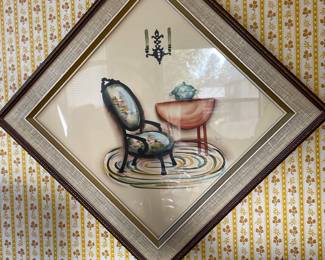 Framed Still Life of Living Room Watercolor by G. Inez