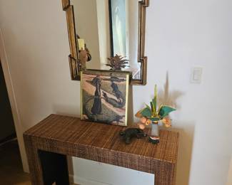 Mirror measures 24 inches by 40 in   $75.00
410 hall table measures 43 inches by 13.5 in x 31.5 in tall 
$125