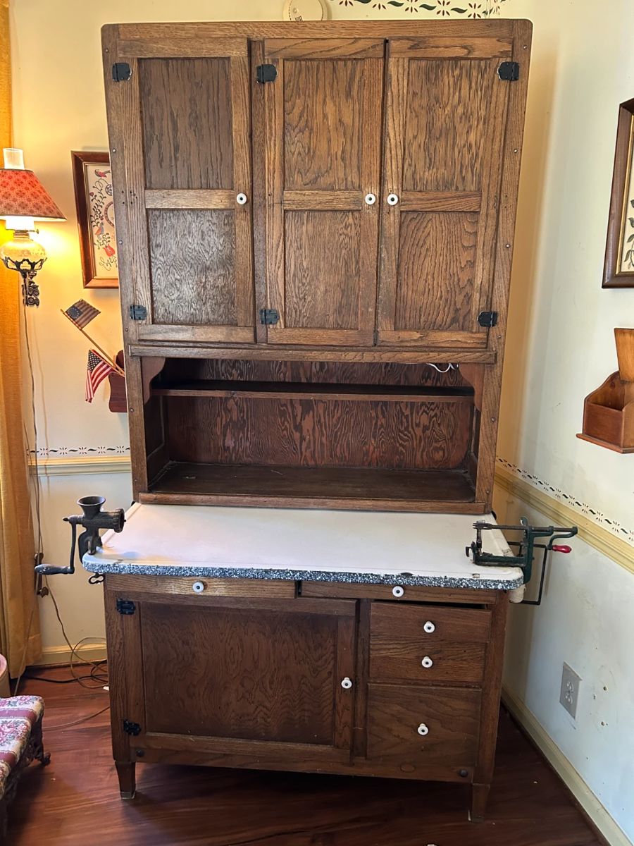 #1 Hoosier Cabinet w/porcelain Coated Metal Counter w/5 drawers & 4 doors (has shelves - 41x27x80"Tall - You Move (no sifter and has modifications, vintage) $375.00