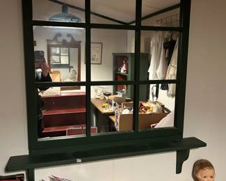 #119 Green painted wooden window frame mirror, you remove. 34 1/2 x 4 1/2 x 40 $30.00