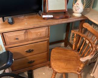 #132 Knee hole wooden desk with 3 drawers and chair (1 knob off, as is finish) 44x16x30 1/2 $45.00