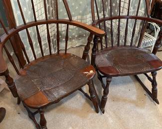 #145 Set of 2 wooden barrel back chairs (one seat as is, one rocket) $40.00