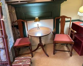 #26 Set of 2 Wood Dining Chairs (one w/arm and one without) $30.00
#27 Wood Round Pedestal Table - 26"Diameter x 27"T $75.00