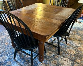 #44 Wood farmhouse Dining Table (has one leaf - as is top)- 42-52x42x29T w/4 Black Painted Wood Windsor Chairs $125.00