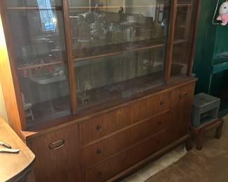 #76 Mid-century Modern Hutch w/sliding glass middle & 2 Wood Shelves w/plate rack & 3 drawers & 2 doors - 5'x15x65 $250.00