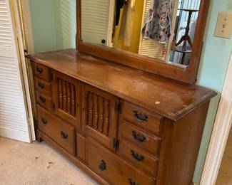 #140 Dresser with 9 drawers and 2 doors w/mirror (as is finish) 56x18.5x31 Mirror 43