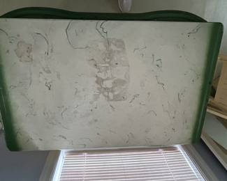 #175 Cream Wood Painted Base Table w/enameled Top (as is top) w/2 Cream Folding Chairs - Table - 40x25x31 w/divided Drawer $150.00