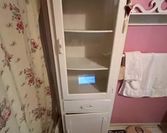 #32 White painted Hand-Made Cabinet w/1 Wood Door w/Shelf & 1 drawer & 1 Glass Door w/2 wood Shelves - 19x11x68 $25.00
