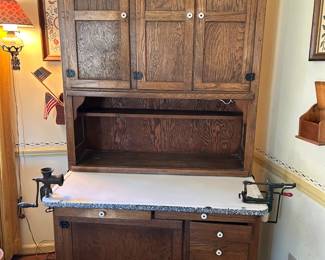 #1 Hoosier Cabinet w/porcelain Coated Metal Counter w/5 drawers & 4 doors (has shelves - 41x27x80"Tall - You Move (no sifter and has modifications, vintage) $375.00