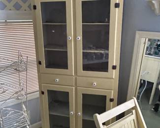 #176 Cream Painted Wood Display Cabinet w/4 glass doors w/3 wood shelves & 2 drawers - 31x11.5x68 (has older hardware) $100.00