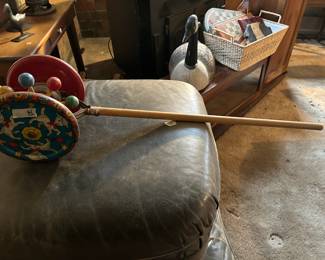 #121 Vintage medal wood gong bell, childrens push toy tin, 32 inches long $30.00