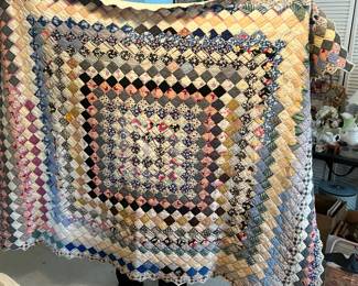 #158 Hand pieced, hand quilted, Around the World quilt, scalloped edge. 58 x 72" $45.00