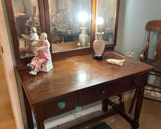 #141 Wooden vanity with 3 drawers and trifold mirror. Vanity stool. as is top finish 38 x 21 x31 Mirror 38 1/2 x 27 $60.00