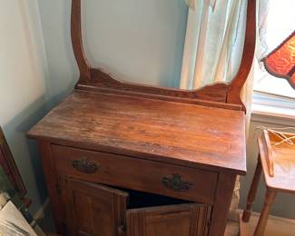 #144 Wooden wash stand with 2 doors, 1 drawer. As is finish. 29x 15 x52 $60.00