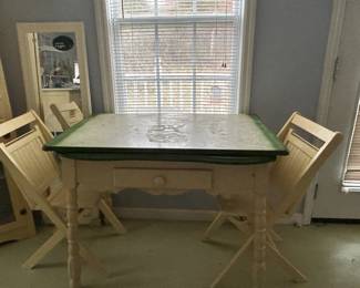 #175 Cream Wood Painted Base Table w/enameled Top (as is top) w/2 Cream Folding Chairs - Table - 40x25x31 w/divided Drawer $150.00