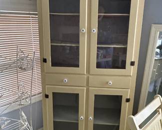 #176 Cream Painted Wood Display Cabinet w/4 glass doors w/3 wood shelves & 2 drawers - 31x11.5x68 (has older hardware) $100.00
