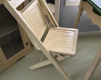 #175 Cream Wood Painted Base Table w/enameled Top (as is top) w/2 Cream Folding Chairs - Table - 40x25x31 w/divided Drawer $150.00