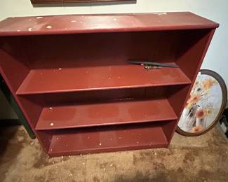 #115 Wood red painted two shelf bookcase (as is finish) 35 x 9 1/2 x 35 1/2 $20.00