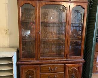 #5 Laminate China Cabinet (2 pc) w/1 Glass Door & 2 wood/glass Shelves w/3 drawers & 2 doors wshelf in each- 50x15x27-75 $75.00