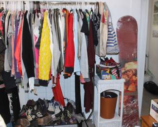 snowboarding equipment, whicker furniture, designer shoes