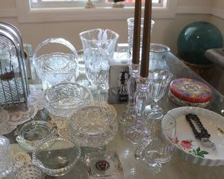 crystal glasses, crystal candle stick holders 