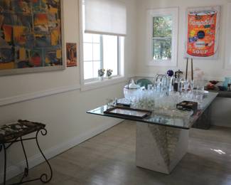 vintage 80's glass table with stone base, Waterford glasses, original paintings, Chinese vase