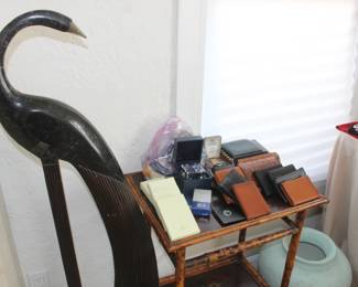 Maitland Smith Crane, Antique Lacquerer Bambo Table, Rolex pocket mirrors